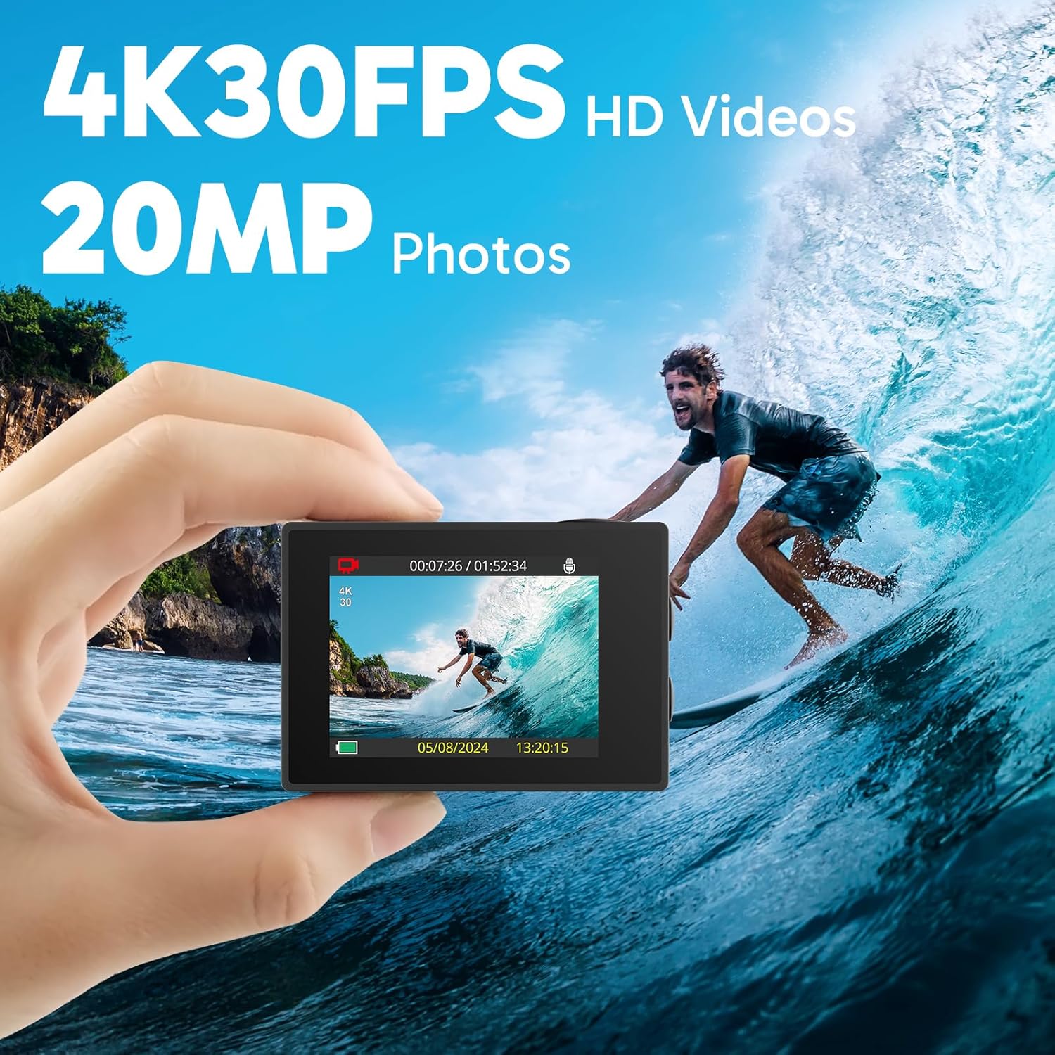 AKASO EK7000 4K30FPS 20MP WiFi Action Camera with EIS Ultra HD 131FT Waterproof Underwater Camera Remote Control 4X Zoom Support External Microphone Blue - Image 2