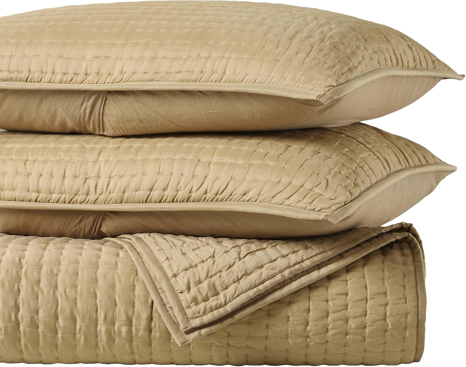 Superior 100% Silk Pick Stitch 3-Piece Quilt Set, 1 Medium Weight All-Season Coverlet, 2 Pillow Shams, Luxury Sets, Handmade Comfy Home Bedding, Cotton Fill, Bella Collection, Queen Size, Light Brown - Image 2