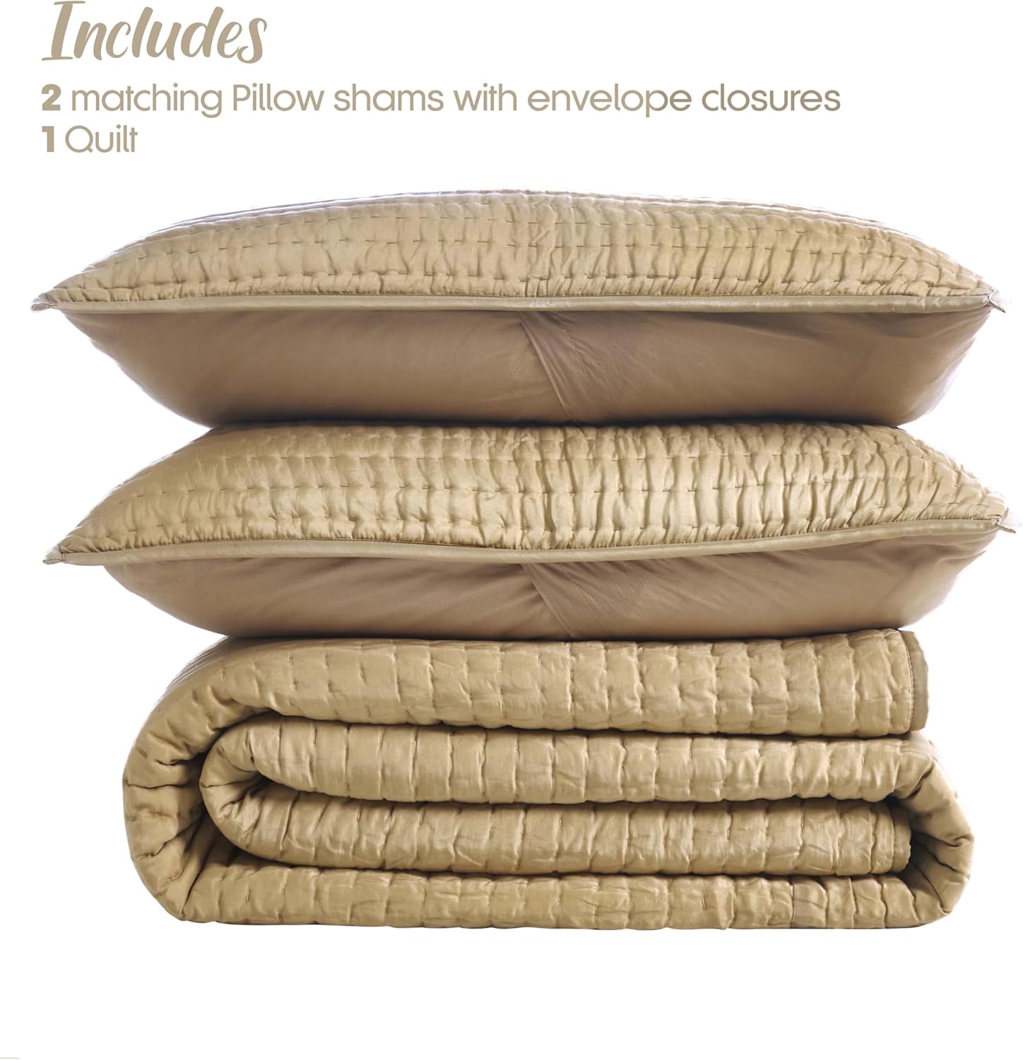 Superior 100% Silk Pick Stitch 3-Piece Quilt Set, 1 Medium Weight All-Season Coverlet, 2 Pillow Shams, Luxury Sets, Handmade Comfy Home Bedding, Cotton Fill, Bella Collection, Queen Size, Light Brown - Image 3