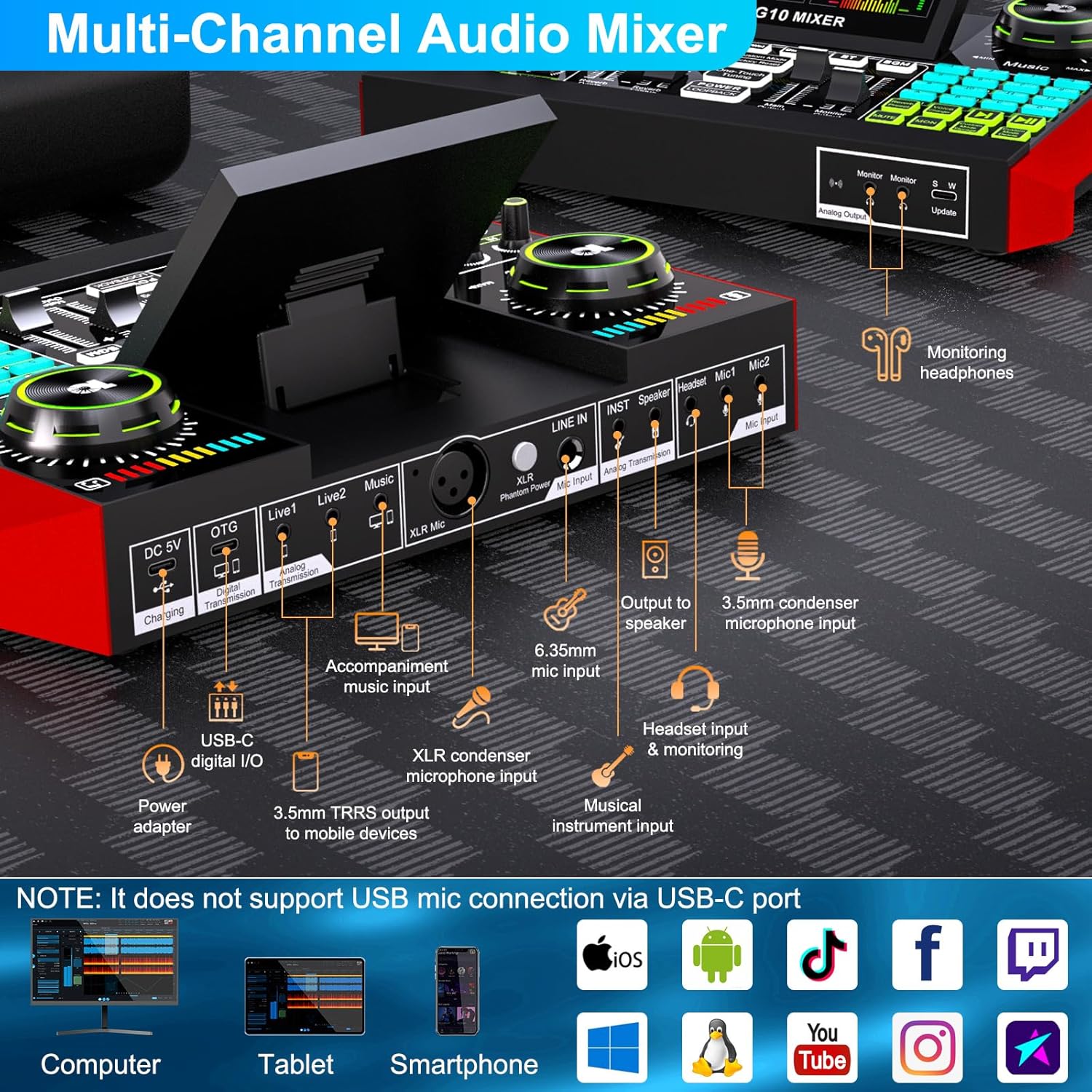 Podcast Microphone Bundle with Live Sound Card Audio Mixer, Podcast Equipment Bundle with 3.5mm Condenser Microphone for Pc/Phone Live Streaming Singing Gaming, Sound Board with Voice Changer, Denoise - Image 7