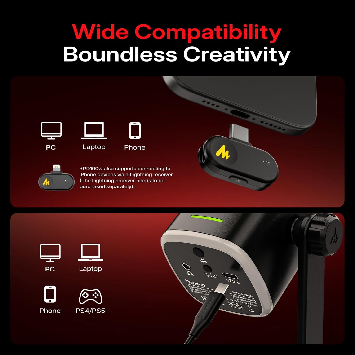 MAONO PD100W USB Wireless Microphone for PC, Gaming Streaming Dynamic Mic with One-Click Noise Reduction,Mute Button,Custom RGB, 3.5mm Headphone Jack, Desktop Podcasting Mic for Computer Phone, Black - Image 3