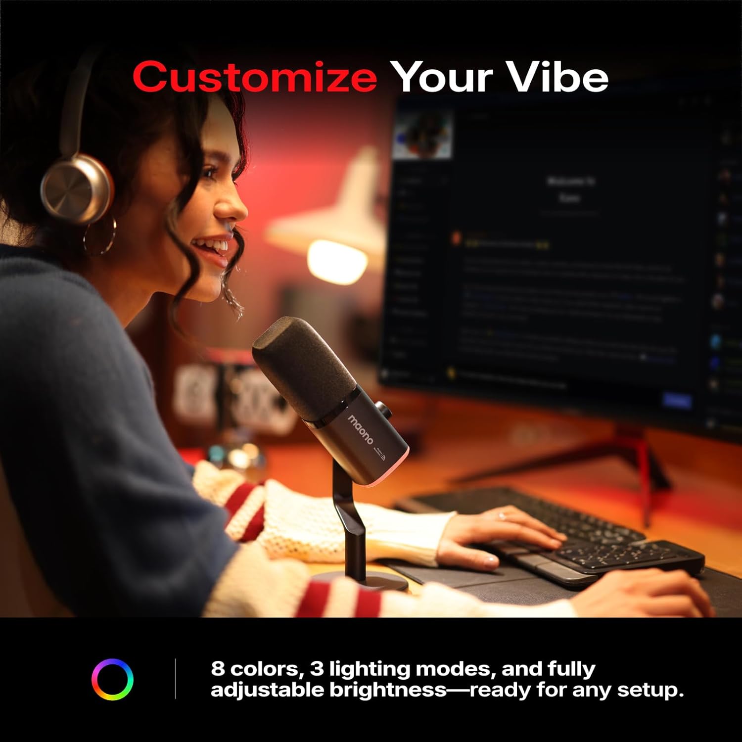 MAONO PD100W USB Wireless Microphone for PC, Gaming Streaming Dynamic Mic with One-Click Noise Reduction,Mute Button,Custom RGB, 3.5mm Headphone Jack, Desktop Podcasting Mic for Computer Phone, Black - Image 6