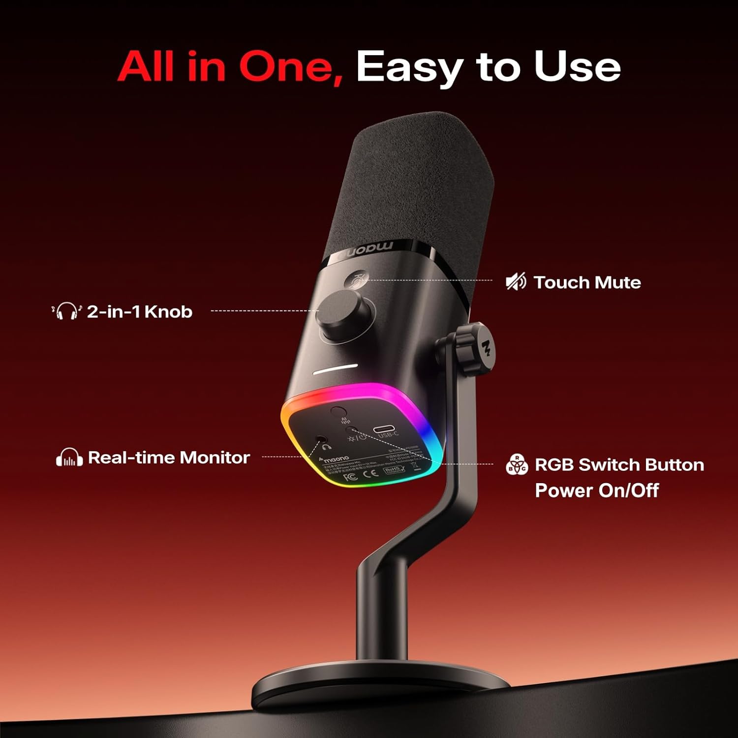 MAONO PD100W USB Wireless Microphone for PC, Gaming Streaming Dynamic Mic with One-Click Noise Reduction,Mute Button,Custom RGB, 3.5mm Headphone Jack, Desktop Podcasting Mic for Computer Phone, Black - Image 7