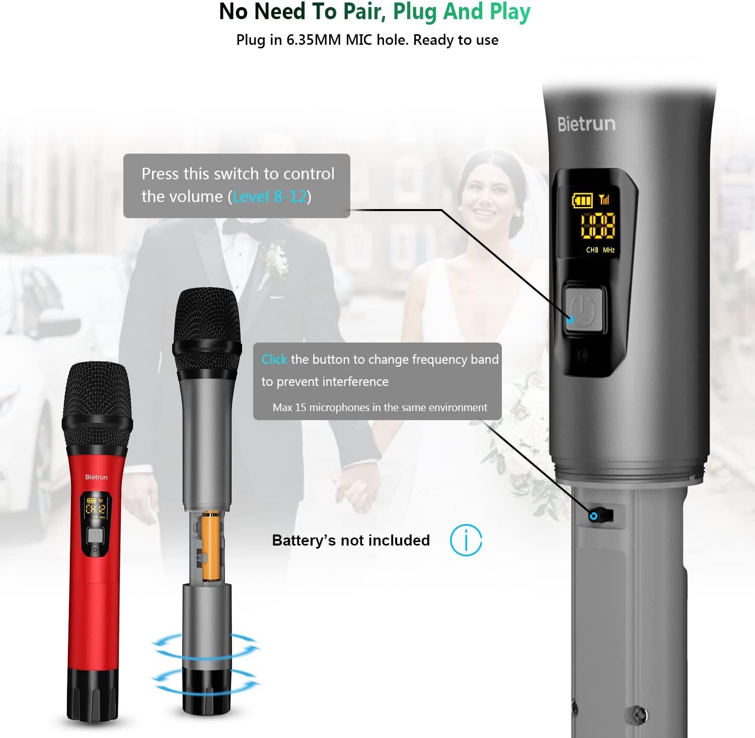 Bietrun UHF Wireless Microphone with 1/4'' Plug Rechargeable Receiver, 160 Feet, Professional Metal Dual Handheld Cordless Dynamic Mic System for Karaoke, Wedding, Singing, DJ, Party, Speech, Church - Image 5