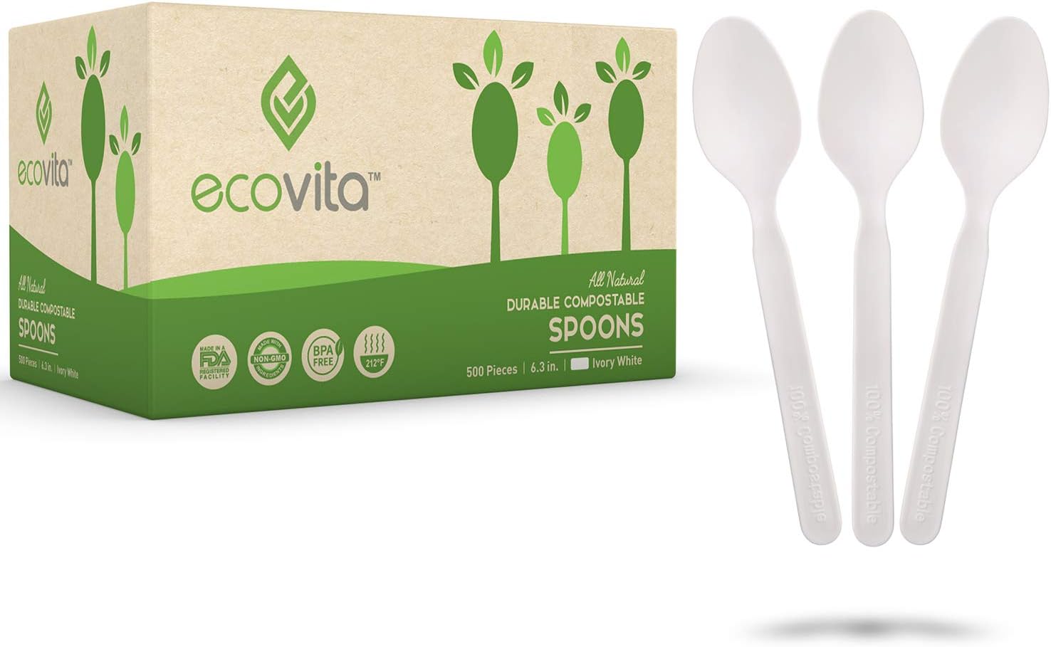 Ecovita 100% Compostable Spoons - 500 Large Disposable Utensils (6.5 in.) Bulk Size Eco Friendly Durable and Heat Resistant Alternative to Plastic Spoons with Convenient Tray