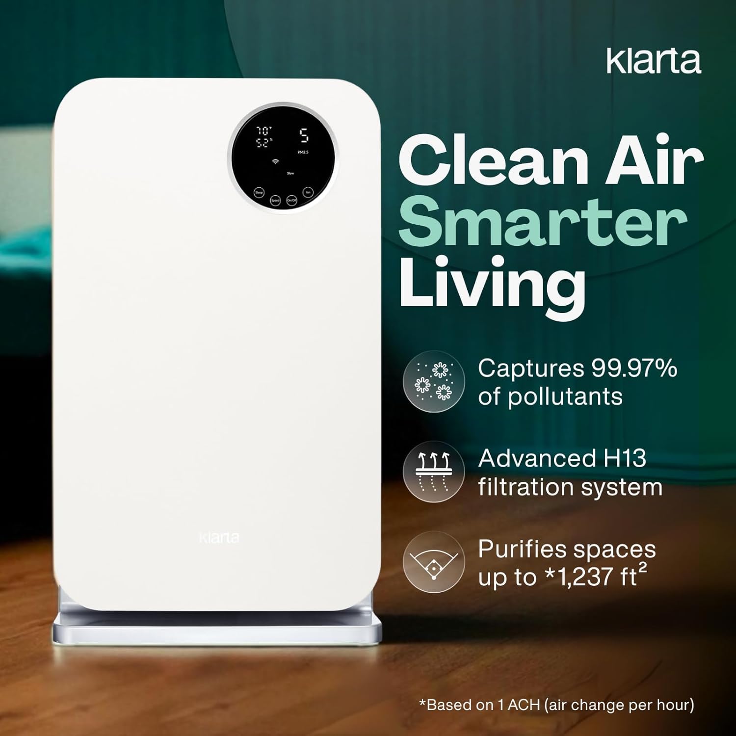 Air Purifier for Home - Smart WiFi App - Ultra Quiet 20 dB - Removes Allergens, Smoke & Odors - 99.97% Particle Filtration - Up to 1237 ft² - Klarta Forste White - Image 3