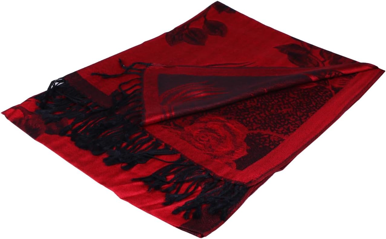 TZ Promise Women Soft Silky Pashmina Reversible Floral Rose Shawl Wrap Scarf w/Fringes - Image 2