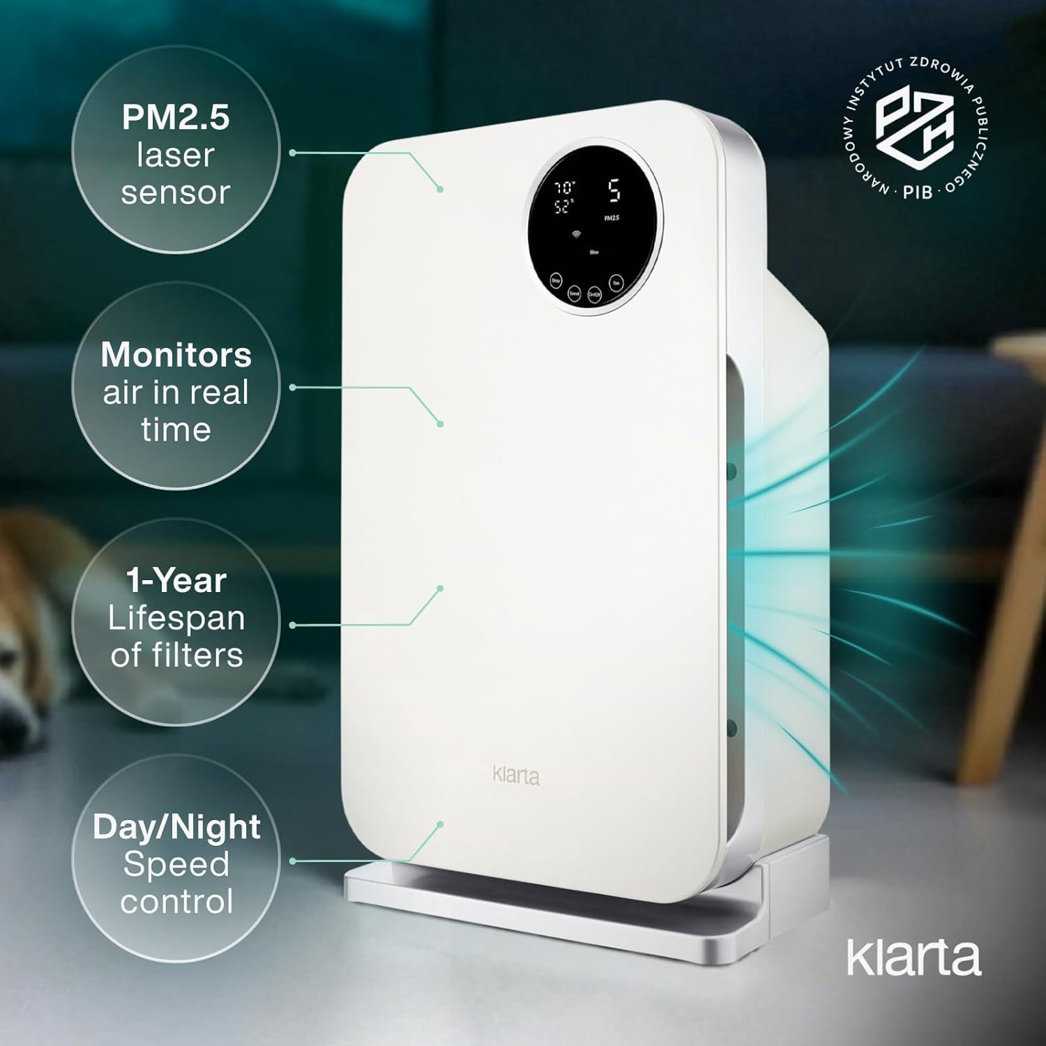 Air Purifier for Home - Smart WiFi App - Ultra Quiet 20 dB - Removes Allergens, Smoke & Odors - 99.97% Particle Filtration - Up to 1237 ft² - Klarta Forste White - Image 4