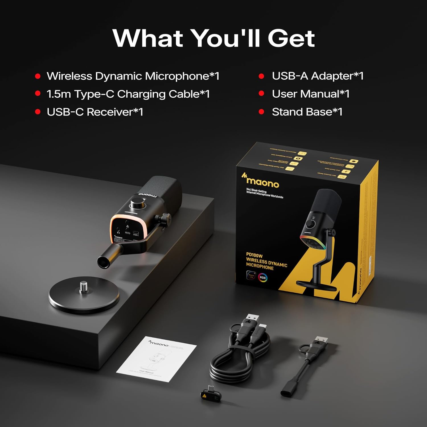 MAONO PD100W USB Wireless Microphone for PC, Gaming Streaming Dynamic Mic with One-Click Noise Reduction,Mute Button,Custom RGB, 3.5mm Headphone Jack, Desktop Podcasting Mic for Computer Phone, Black - Image 8