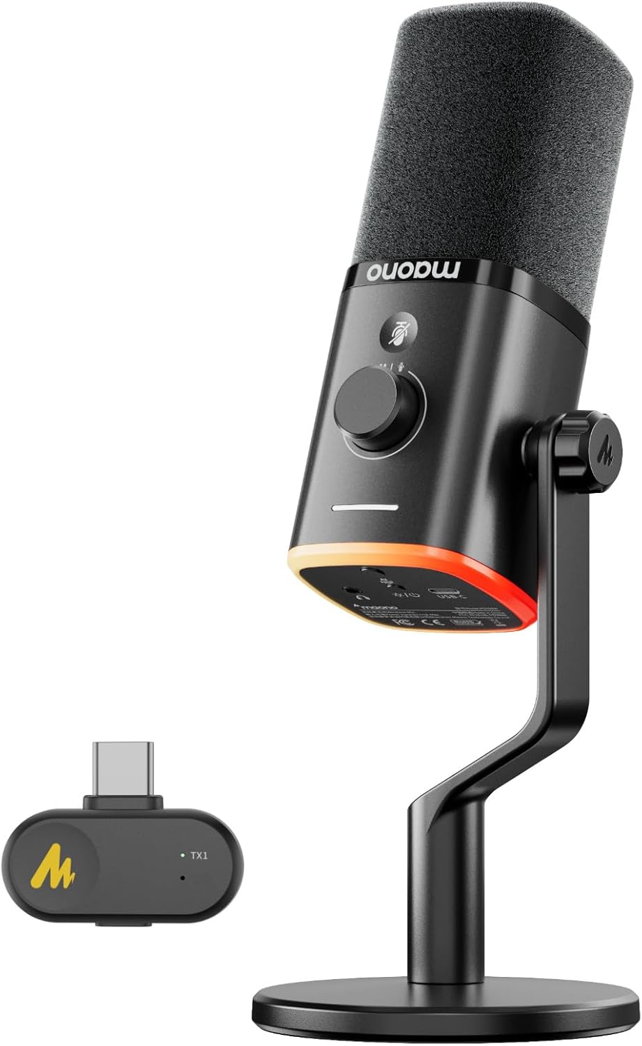 MAONO PD100W USB Wireless Microphone for PC, Gaming Streaming Dynamic Mic with One-Click Noise Reduction,Mute Button,Custom RGB, 3.5mm Headphone Jack, Desktop Podcasting Mic for Computer Phone, Black