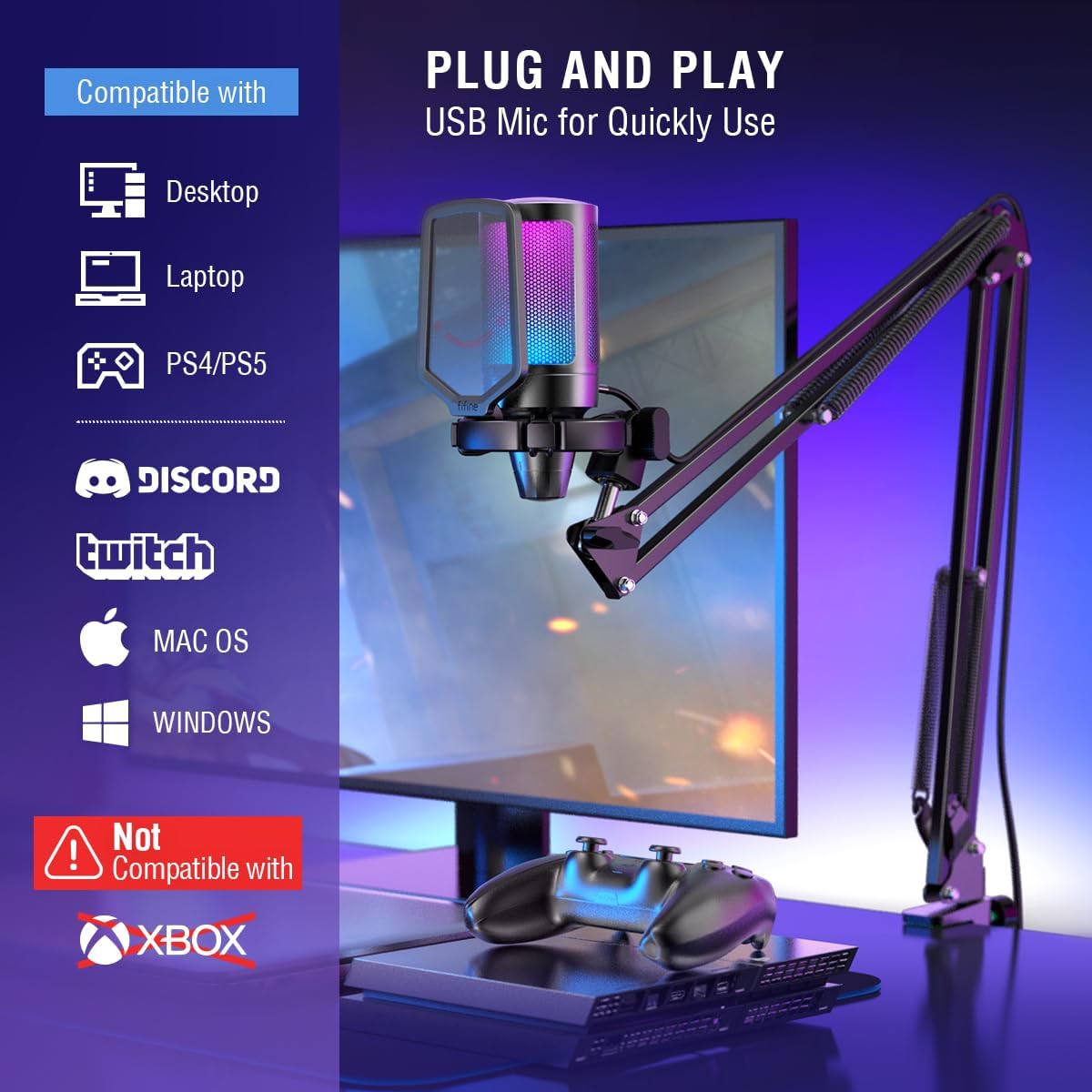 FIFINE Gaming PC USB Microphone, Podcast Condenser Mic with Boom Arm, Pop Filter, Mute Button for Streaming, Twitch, Online Chat, RGB Computer Mic for PS4/5 PC Gamer Youtuber-AmpliGame A6T - Image 7