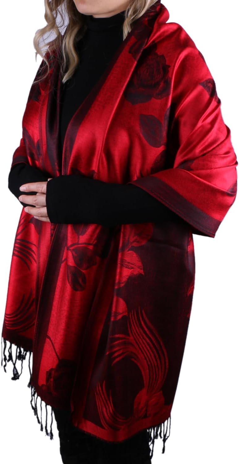 TZ Promise Women Soft Silky Pashmina Reversible Floral Rose Shawl Wrap Scarf w/Fringes - Image 4