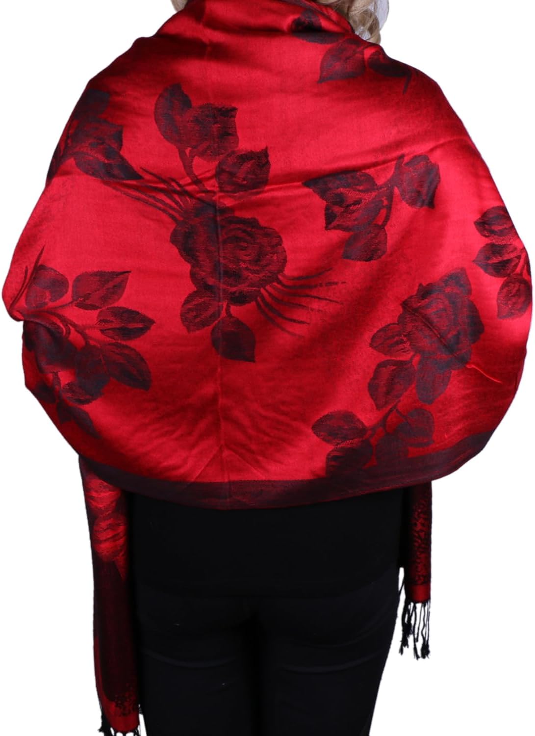 TZ Promise Women Soft Silky Pashmina Reversible Floral Rose Shawl Wrap Scarf w/Fringes - Image 5