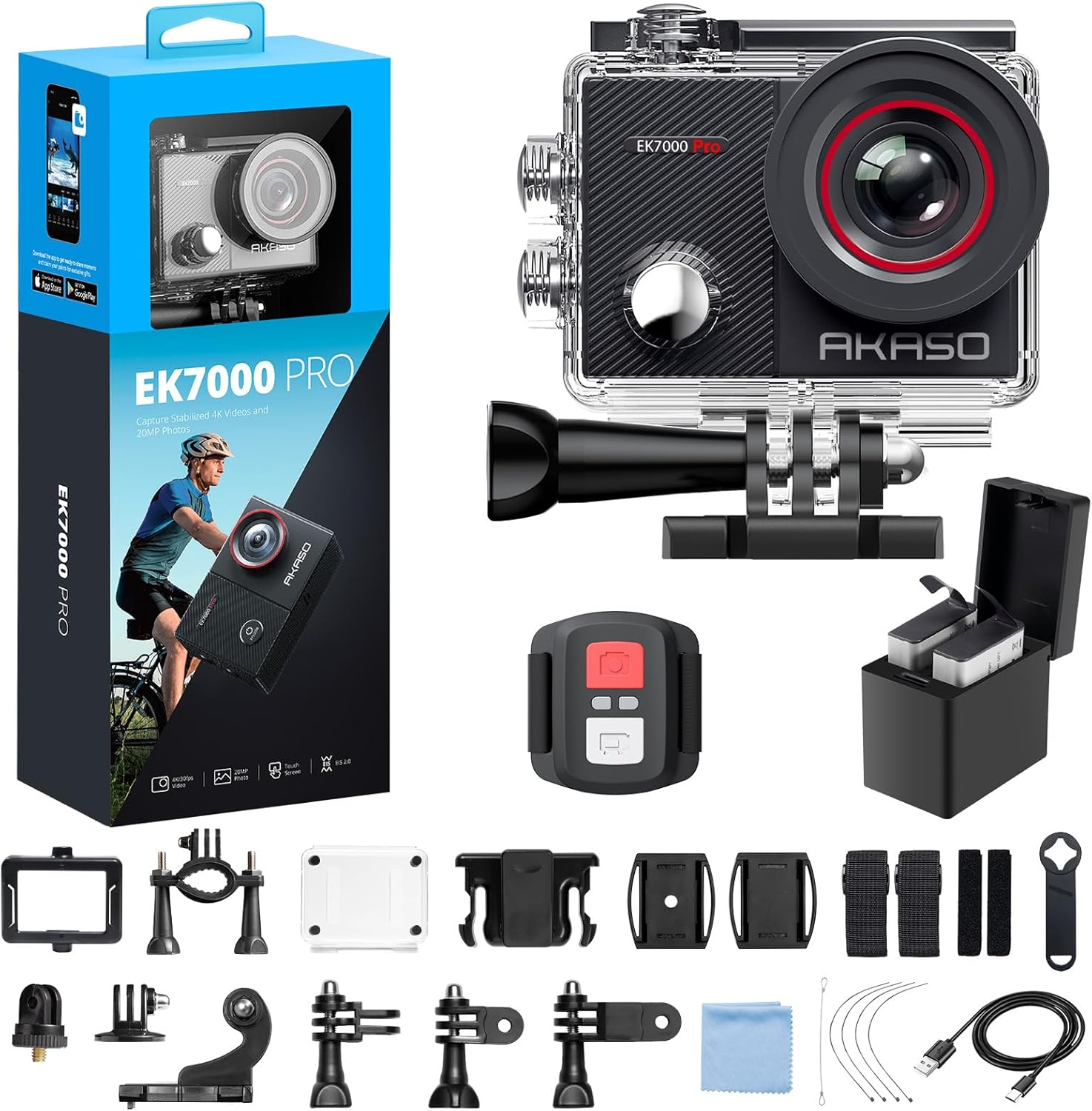 AKASO EK7000 Pro 4K30fps Action Camera with Touch Screen EIS 131ft Waterproof Underwater Camera Remote Control 5X Zoom with Helmet Accessories Kit (Standalone)