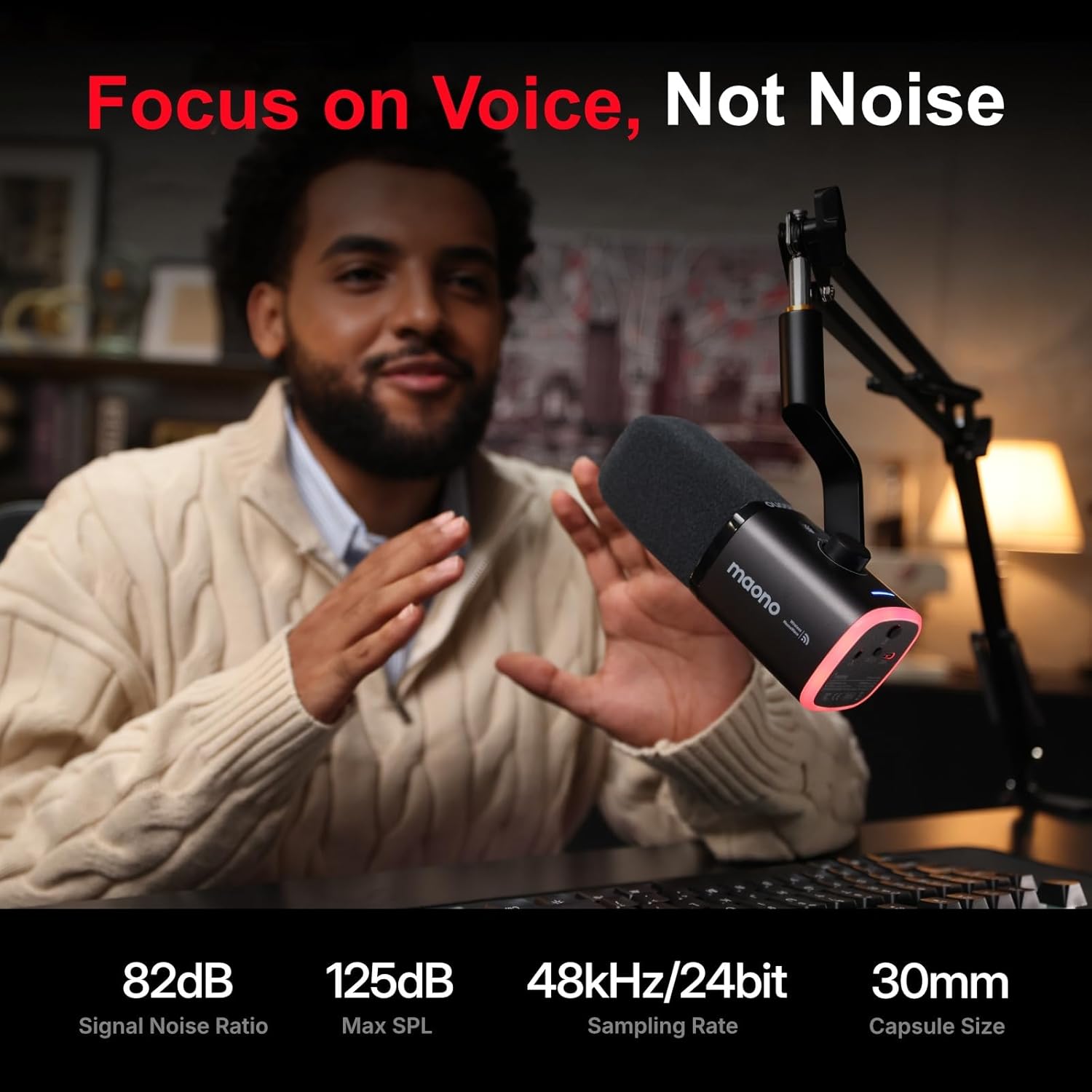 MAONO PD100W USB Wireless Microphone for PC, Gaming Streaming Dynamic Mic with One-Click Noise Reduction,Mute Button,Custom RGB, 3.5mm Headphone Jack, Desktop Podcasting Mic for Computer Phone, Black - Image 4
