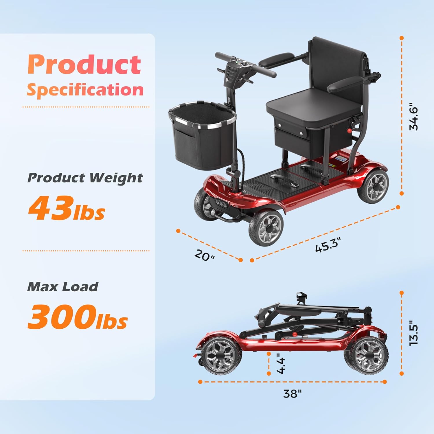 Lightweight Mobility Scooter for Seniors & Adults - Cruise & Airport Approved, 43lb Foldable Portable Motorized Scooters with Removable Lithium Battery for 12.4 Miles Travel, 300lb Capacity, Red - Image 3