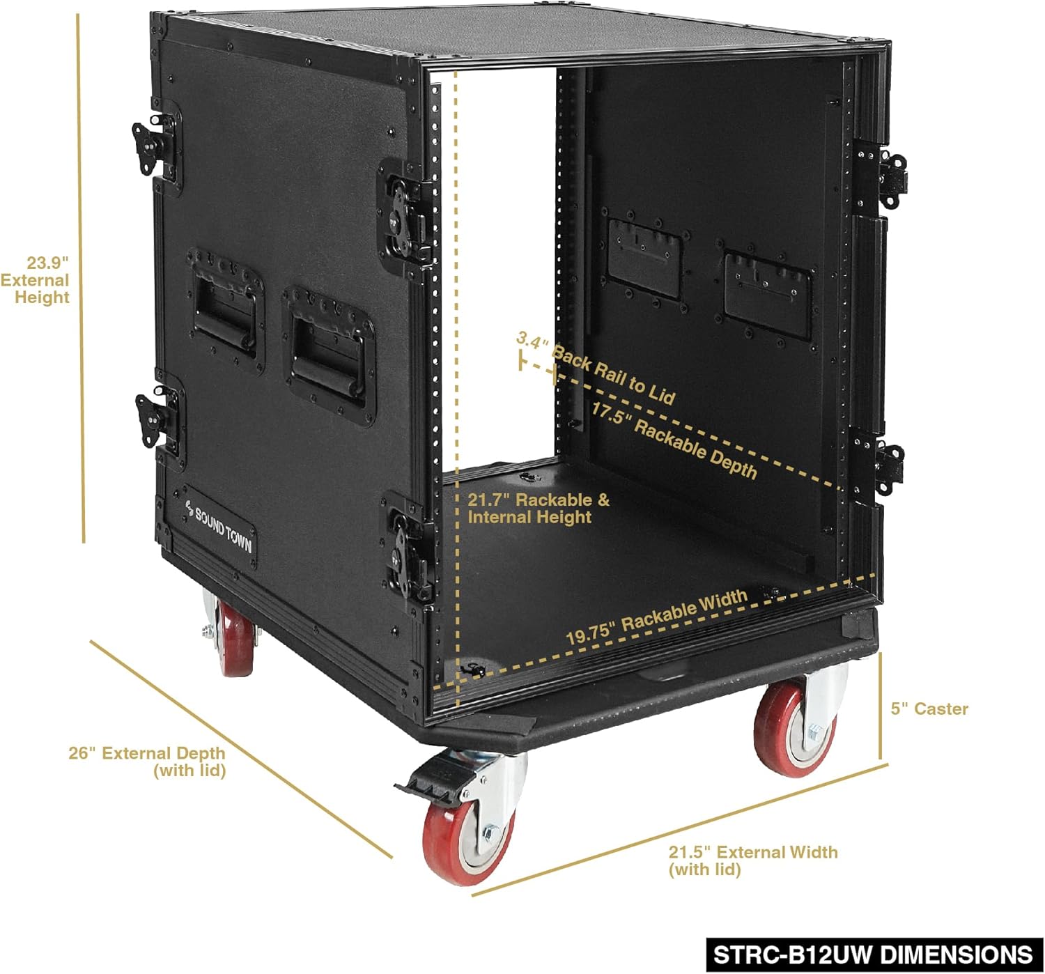 Sound Town Black Series 12U PA/DJ Rack/Road Case with 12-Space, All-Black Anodized Hardware, Plywood, Casters, and 21” Rackable Depth - Pro Tour Grade (STRC-B12UW) - Image 5
