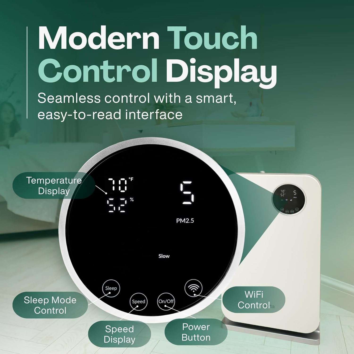 Air Purifier for Home - Smart WiFi App - Ultra Quiet 20 dB - Removes Allergens, Smoke & Odors - 99.97% Particle Filtration - Up to 1237 ft² - Klarta Forste White - Image 7