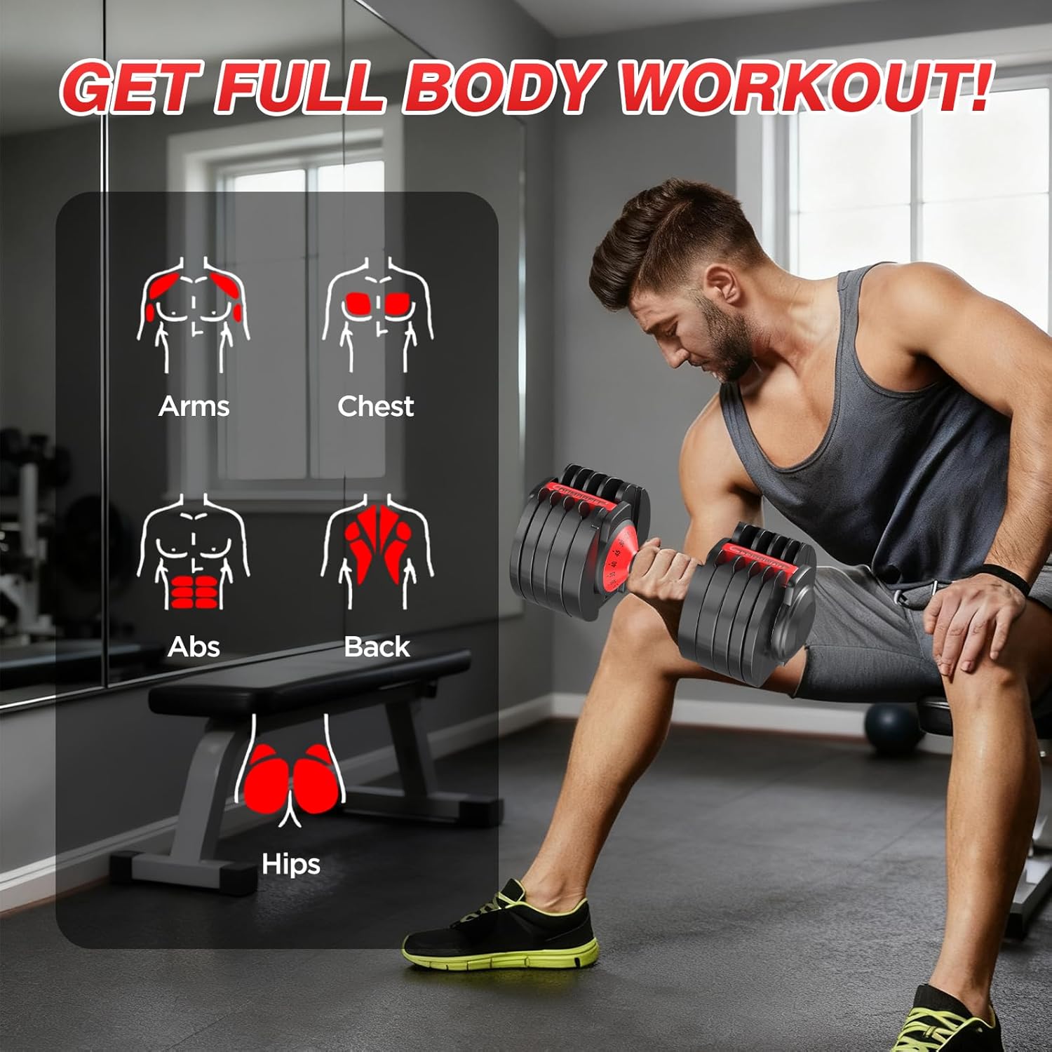 Adjustable Dumbbells Set, 10 in 1/15 in 1 Free Adjustable Weights Dumbbells Set, 25/55/52.5lbs Weights Set with Anti-Slip Handle, Fast Adjust Equipment Compact for Home Gym Strength Training - Image 8