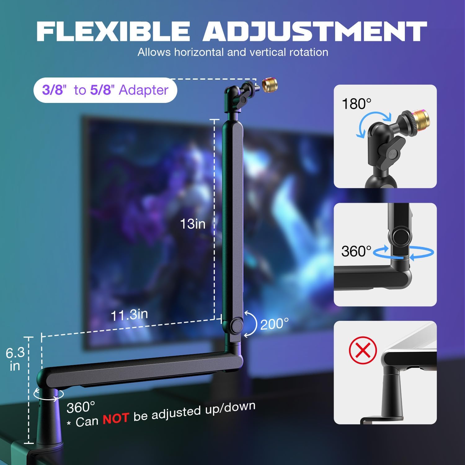FIFINE Microphone Boom Arm, Low Profile Adjustable Stick Microphone Arm Stand with Desk Mount Clamp, Screw Adapter, Cable Management, for Podcast Streaming Gaming Studio-BM88 - Image 5