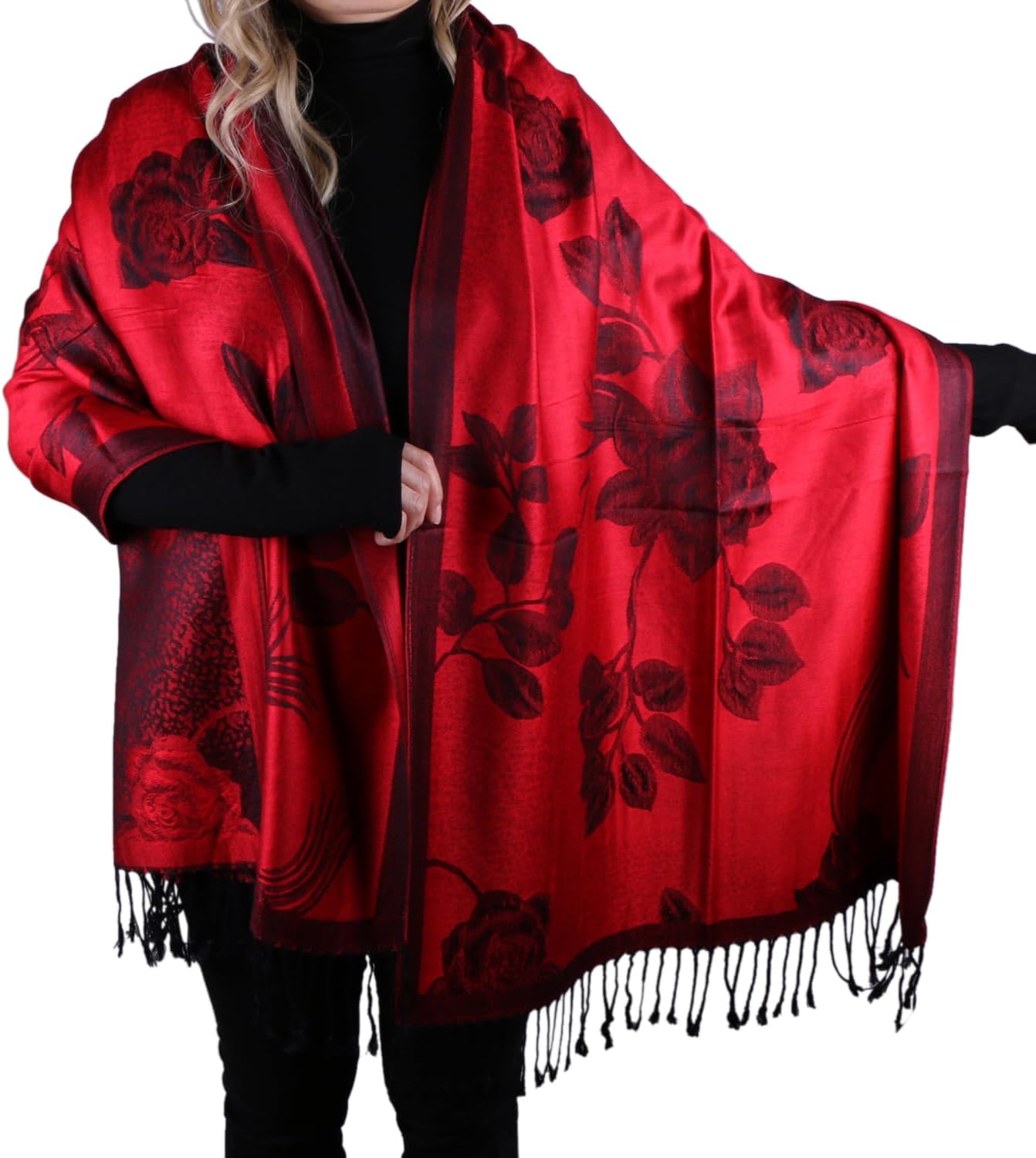 TZ Promise Women Soft Silky Pashmina Reversible Floral Rose Shawl Wrap Scarf w/Fringes