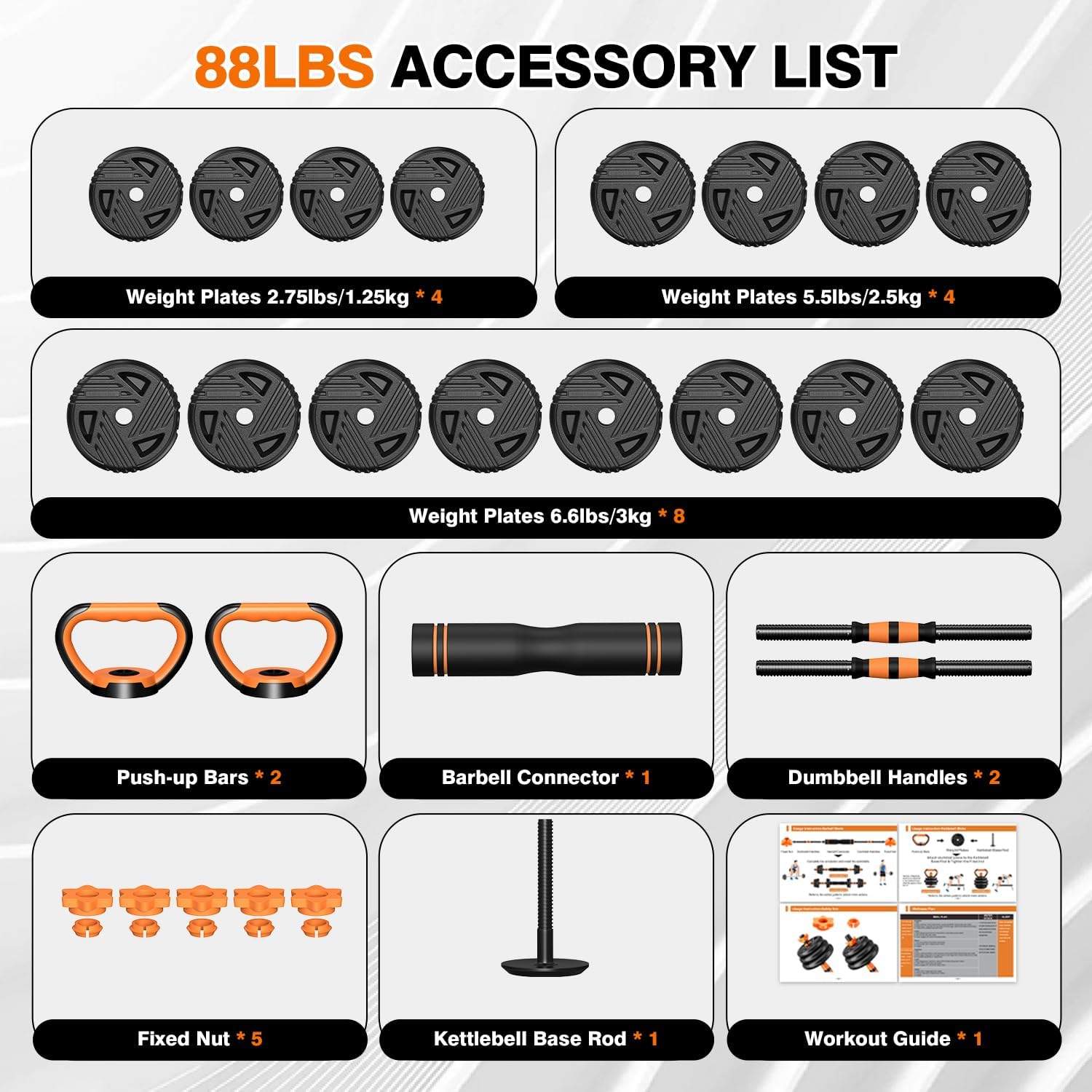 Adjustable Dumbbell Set, 33/44/66/88lbs Free Weights Set with Connector, 5 in 1 Weights Dumbbells Set Used as Barbell, Kettlebells, Push up Stand, Weight Plate, Fitness Exercise for Home Gym Workout - Image 8