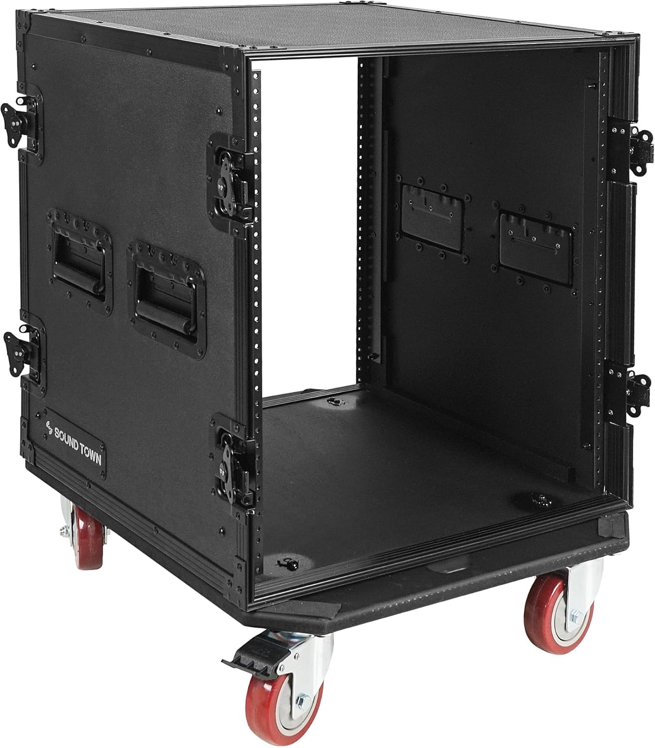 Sound Town Black Series 12U PA/DJ Rack/Road Case with 12-Space, All-Black Anodized Hardware, Plywood, Casters, and 21” Rackable Depth - Pro Tour Grade (STRC-B12UW)