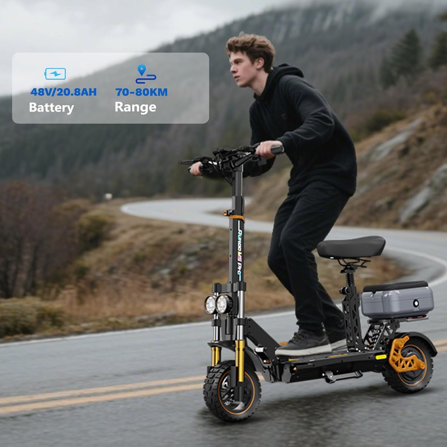 M5 Pro Electric Scooter, 1600W Brushless Motor, Range 70-80KM, Max Speed 34 MPH, Max Load 264LBS, Dual Suspension & Hydraulic Damping System, E-Scooter with Seat & Storage Box for Adults - Image 4