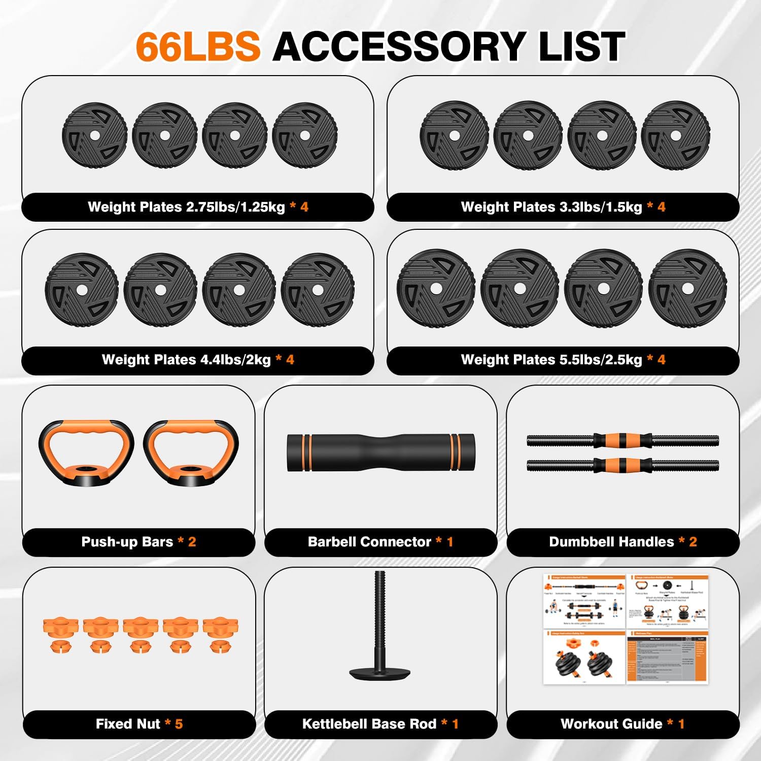 Adjustable Dumbbell Set, 33/44/66/88lbs Free Weights Set with Connector, 5 in 1 Weights Dumbbells Set Used as Barbell, Kettlebells, Push up Stand, Weight Plate, Fitness Exercise for Home Gym Workout - Image 8