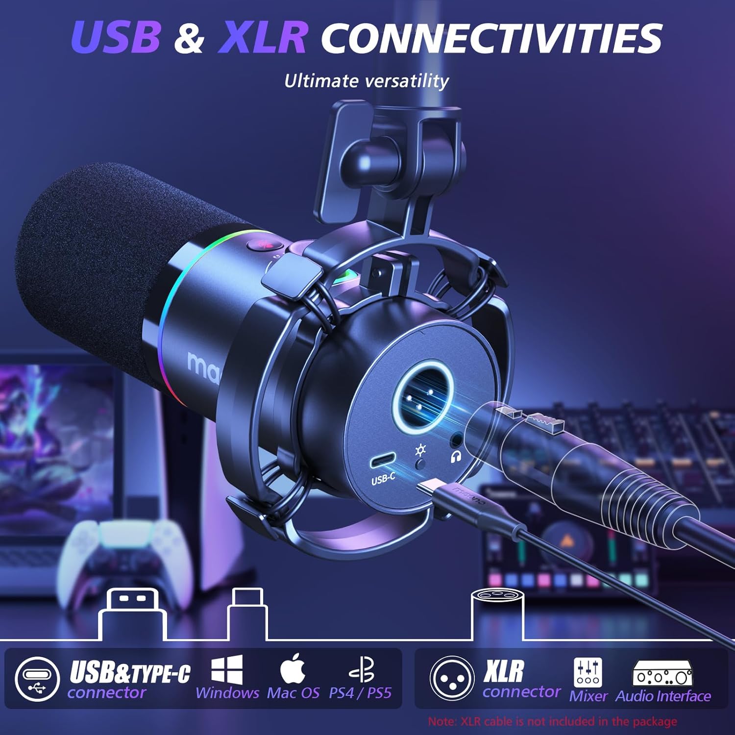 MAONO XLR/USB Dynamic Microphone Kit, RGB Podcast Mic with Software, Mute, Gain Knob, Volume Control, Boom Arm for Streaming, Gaming, Voice-Over, Recording-PD200XS Black - Image 2