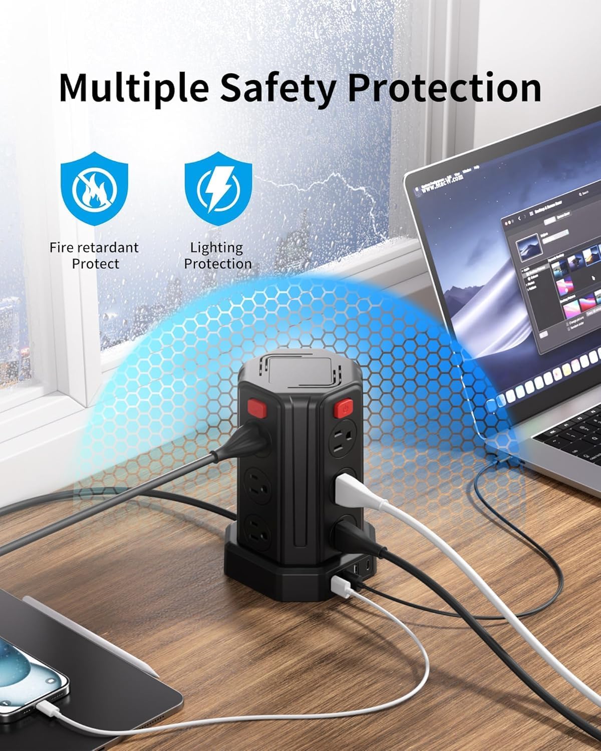 Power Strip Surge Protector, 6.5 Ft Extension Cord with 12 AC Multiple Outlets 4 USB (1 USB C), SMALLRT Power Tower Desktop Charging Station (Black, 6.5 Ft) - Image 3