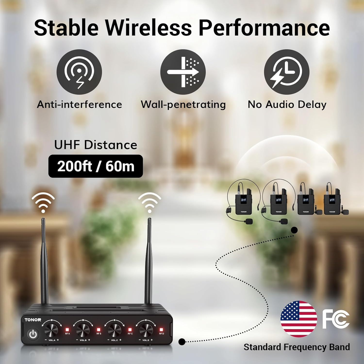 TONOR Wireless Microphones System with UHF Headset/Lavalier Lapel Mics, Bodypack Transmitter, Receiver, 4 * 10 Channels, 60 m/200ft Range for Church Conference Performance Singing Karaoke PA Speaker - Image 4