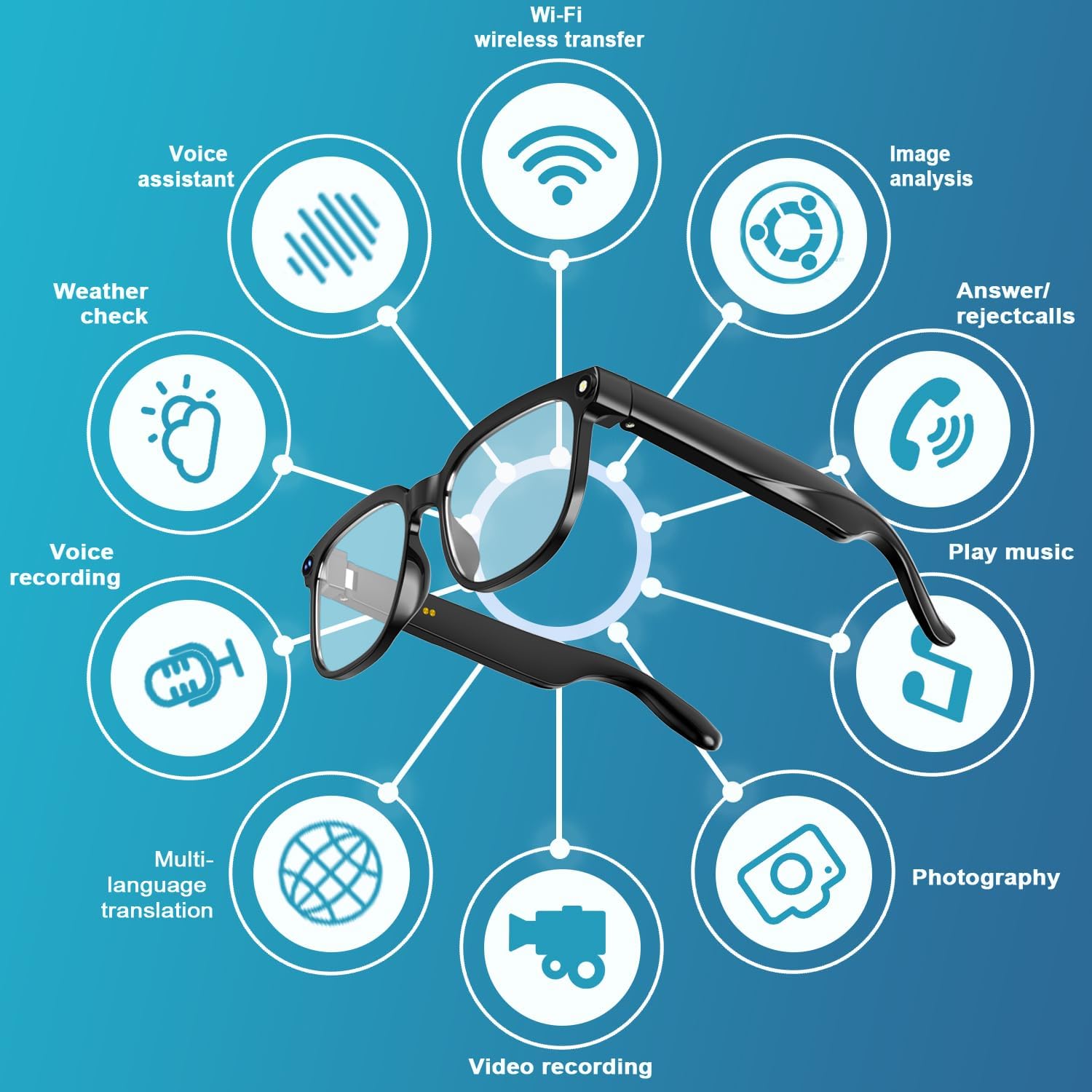 AI Smart Glasses with Camera, 8MP HD Camera Glasses with Video Recording Dual Mic, Real-time Translation & AI Voice Assistant, Identify Objects, IP65 Waterproof, Ideal for Travel & Meetings - Image 2