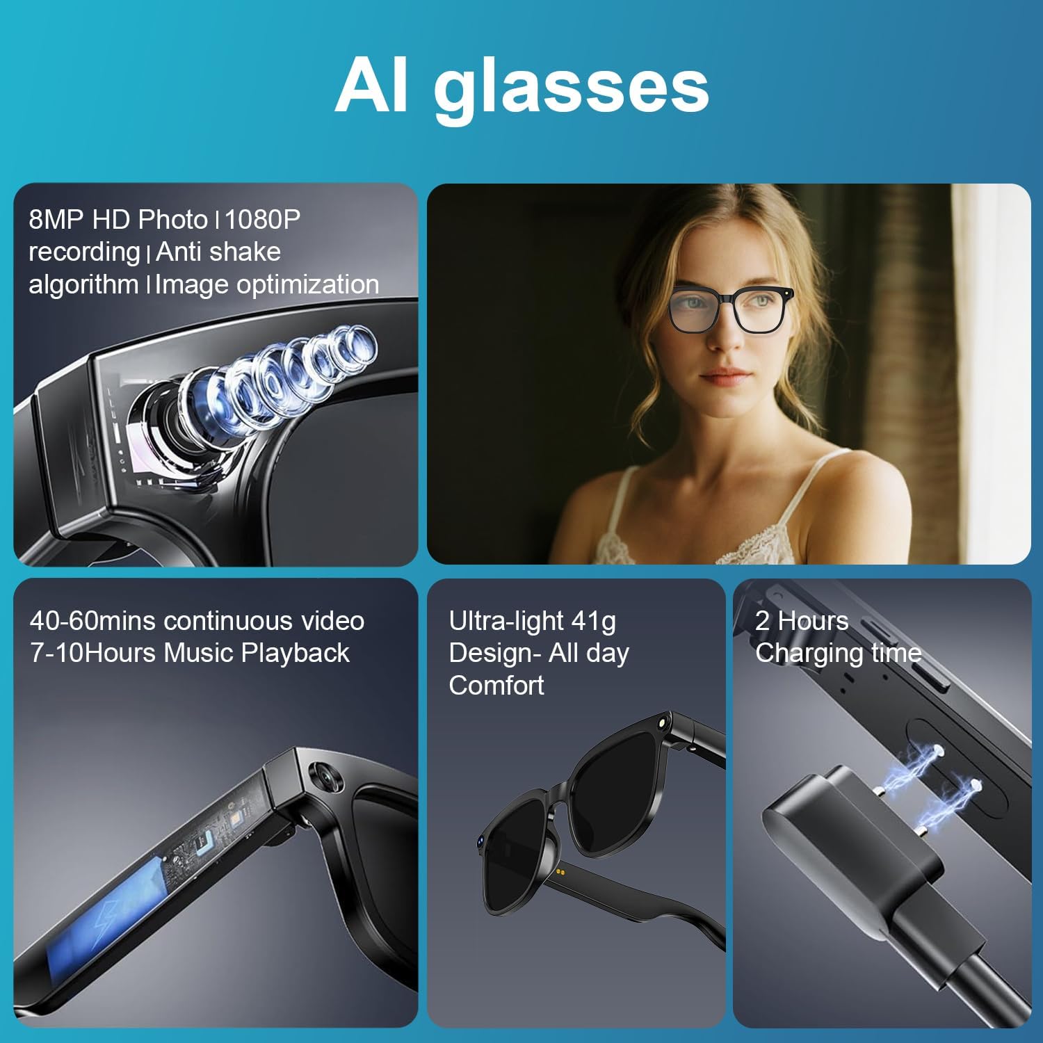 AI Smart Glasses with Camera, 8MP HD Camera Glasses with Video Recording Dual Mic, Real-time Translation & AI Voice Assistant, Identify Objects, IP65 Waterproof, Ideal for Travel & Meetings - Image 4
