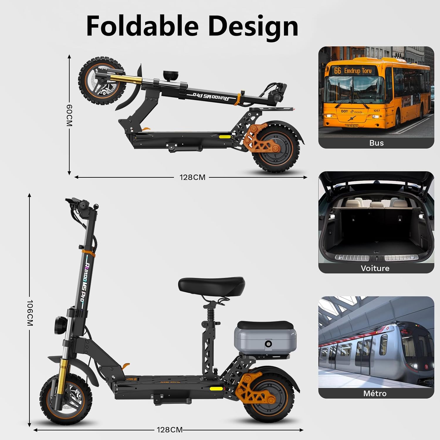 M5 Pro Electric Scooter, 1600W Brushless Motor, Range 70-80KM, Max Speed 34 MPH, Max Load 264LBS, Dual Suspension & Hydraulic Damping System, E-Scooter with Seat & Storage Box for Adults - Image 8