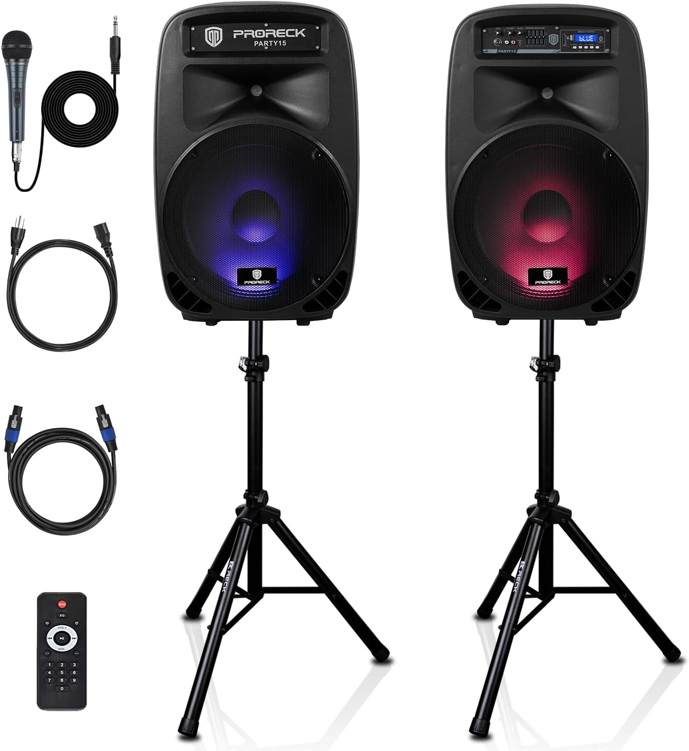 PRORECK Party 15 Portable 15-Inch 2000 Watt 2-Way Powered PA Speaker System Combo Set with Bluetooth/USB/SD Card Reader/FM Radio/Remote Control/LED Light