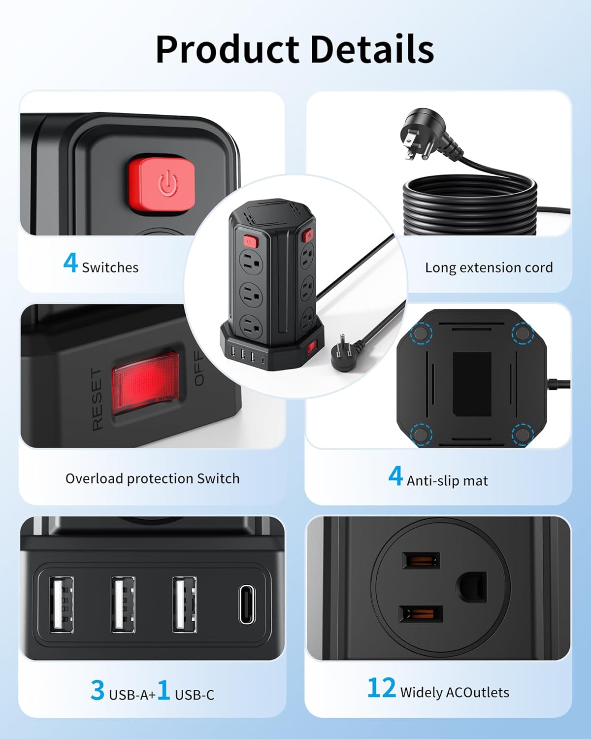Power Strip Surge Protector, 6.5 Ft Extension Cord with 12 AC Multiple Outlets 4 USB (1 USB C), SMALLRT Power Tower Desktop Charging Station (Black, 6.5 Ft) - Image 4