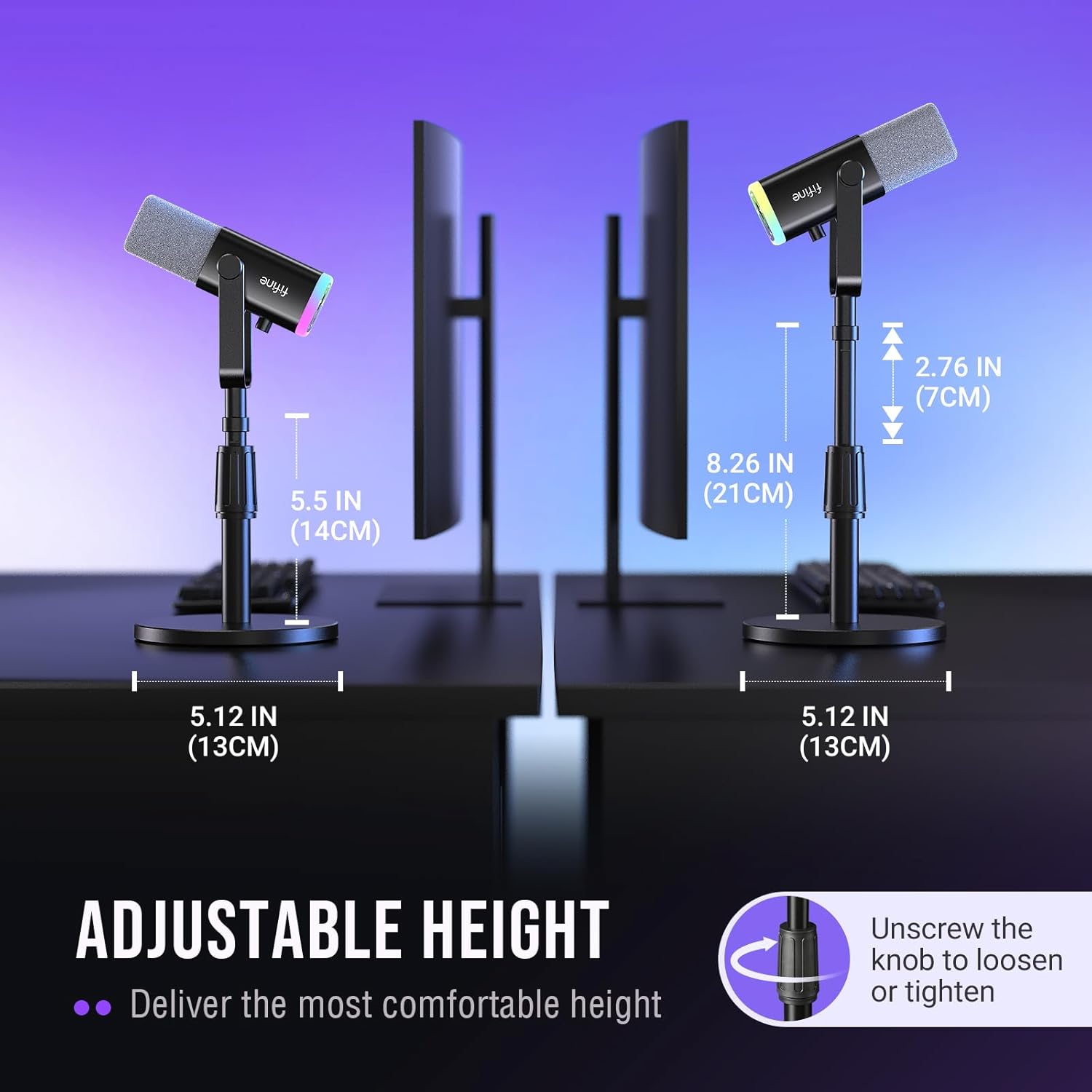 FIFINE Desktop Microphone Stand, Heavy-Duty Metal Adjustable Table Mic Stand with 5/8" Male to 3/8" Female Screw Adapter, 4 Non-Slip Pads Compatible with Microphones for Recording, Streaming-BS1 - Image 2