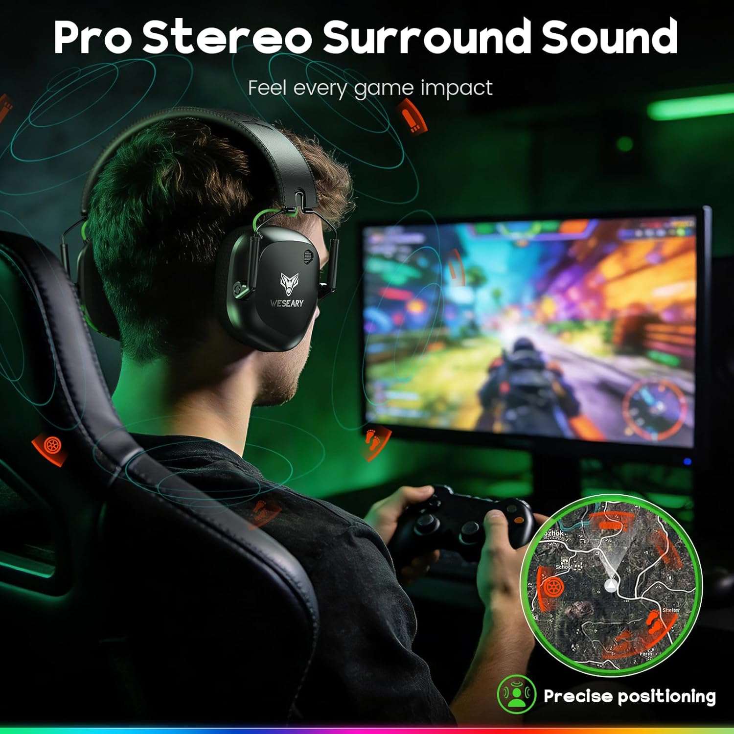 WESEARY Wireless Gaming Headset for PC, PS5, PS4, Switch & Mac, Dual-Mode 2.4GHz & Bluetooth Gaming Headphones with Microphone, Ultra-Low Latency, 3D Stereo Sound, Up to 45H Battery - Image 2