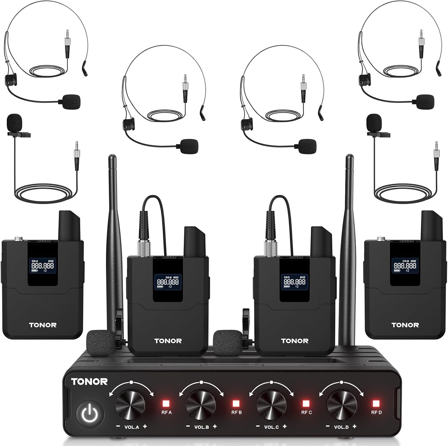 TONOR Wireless Microphones System with UHF Headset/Lavalier Lapel Mics, Bodypack Transmitter, Receiver, 4 * 10 Channels, 60 m/200ft Range for Church Conference Performance Singing Karaoke PA Speaker
