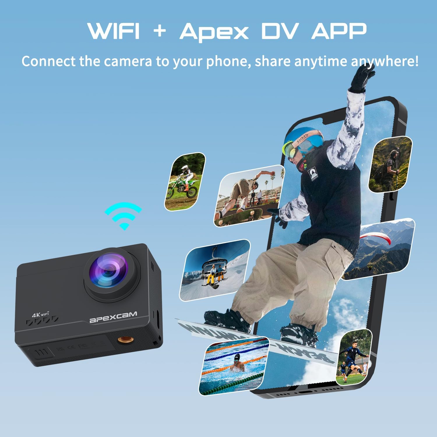 Apexcam M90 Action Camera with 64GB Card Action Cam 4K60FPS 64MP WiFi EIS Image Stabilization with Touchscreen Underwater Camera 40m Waterproof 8X Zoom 2.4G Remote Control 2x1350mAh - Image 7