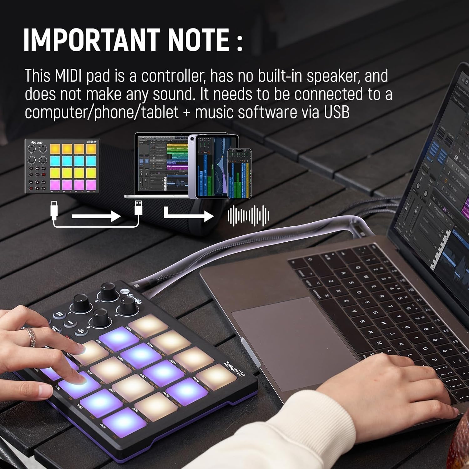 Synido TempoPAD Midi Controller Beat Maker Machine for Music Production, Portable USB MIDI Beat Pad Controller for Beginners with Durable Carrying Bag, 16 Backlit Beat Pad, 4 Assignable Knob - Image 2