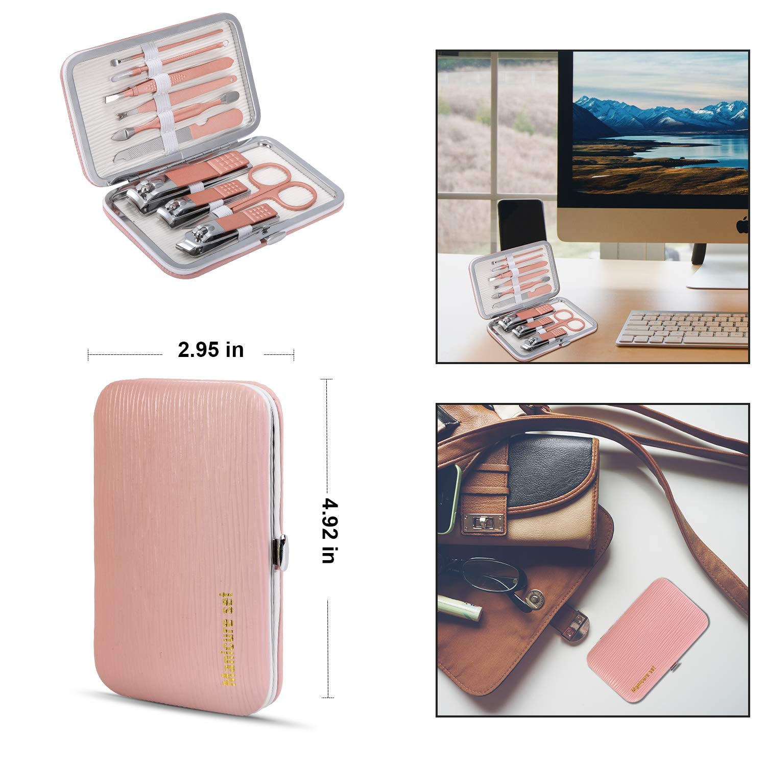Manicure Set, Travel Mini Nail Clippers Kit Pedicure Care Tools, 10pcs Stainless Steel Grooming kit (Pink) - Image 2