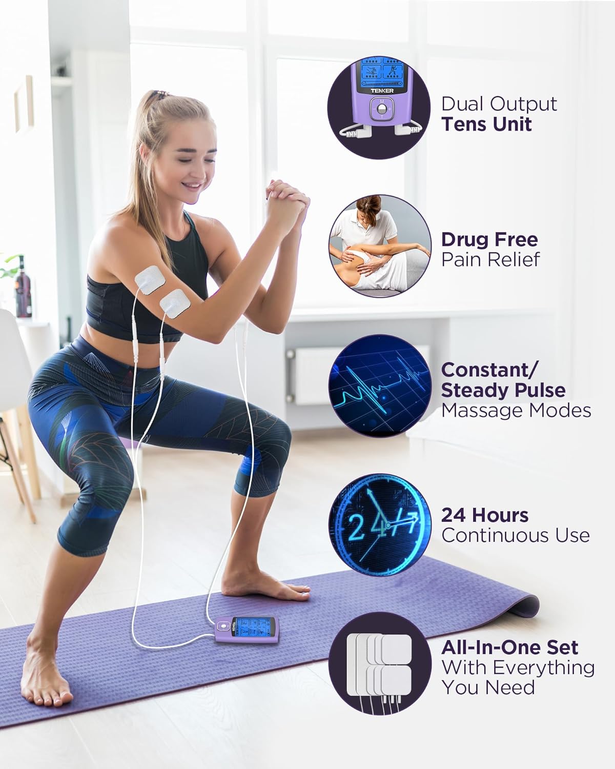 TENKER TENS Unit Muscle Stimulator, 24 Modes TENS EMS Machine for Shoulder, Sciatica, Back Pain Relief, Rechargeable Electronic Pulse Massager with 2"x2" and 2"x4" Electrode Pads - Image 3