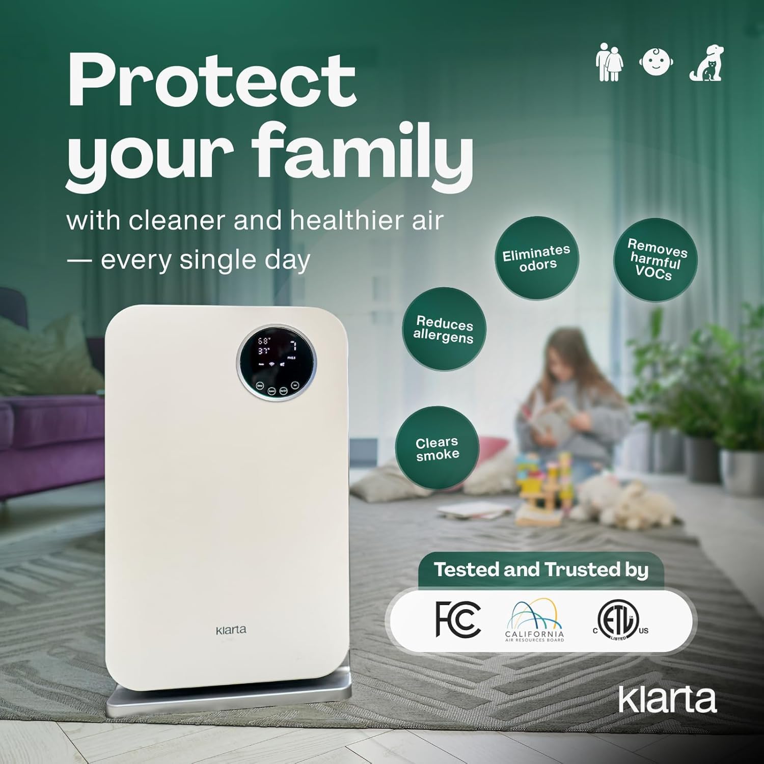 Air Purifier for Home - Smart WiFi App - Ultra Quiet 20 dB - Removes Allergens, Smoke & Odors - 99.97% Particle Filtration - Up to 1237 ft² - Klarta Forste White - Image 5