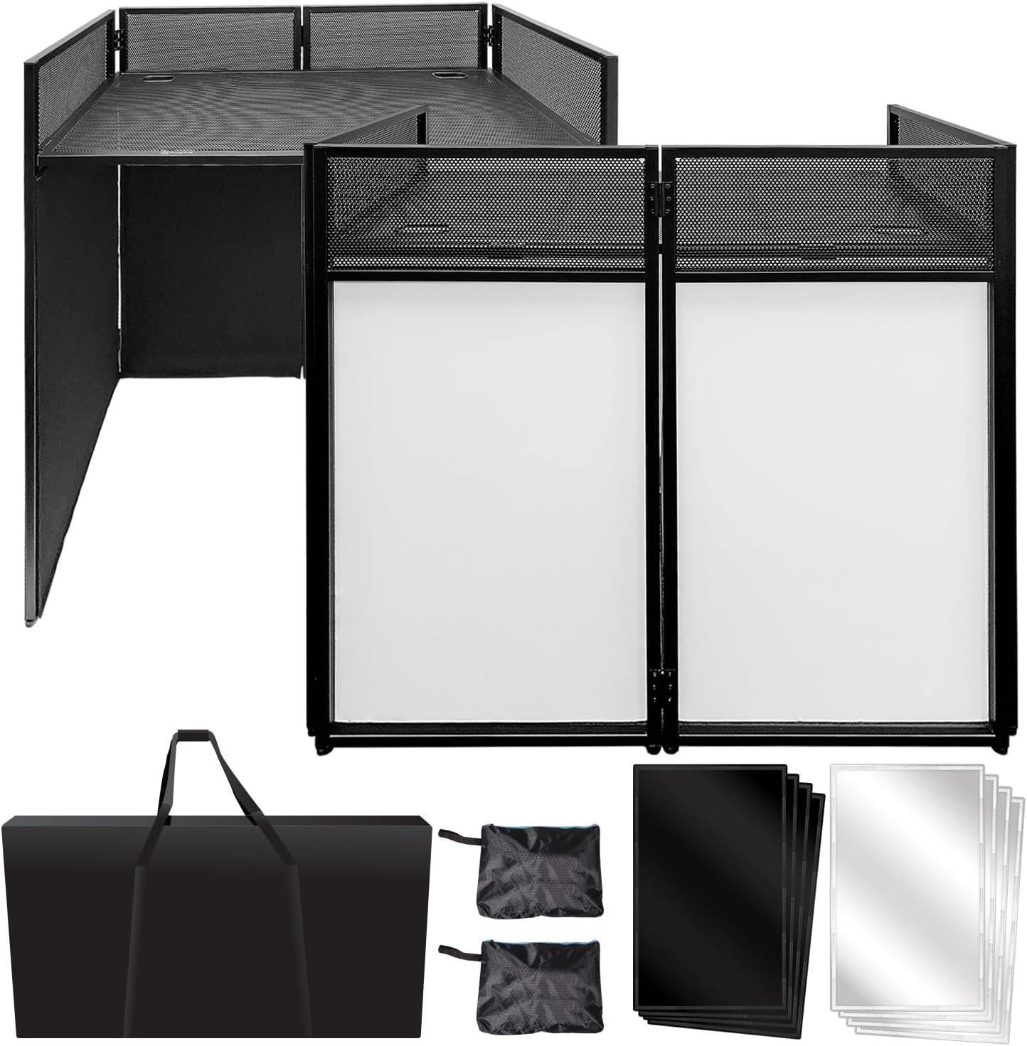 AxcessAbles Portable DJ Facade Booth with Black and White Lighting Scrims, Carry Cases | Standing DJ Table - 40" x 20" | DJ Controller Stand | Recording Mixer Stand | DJ Booth (ES-01)
