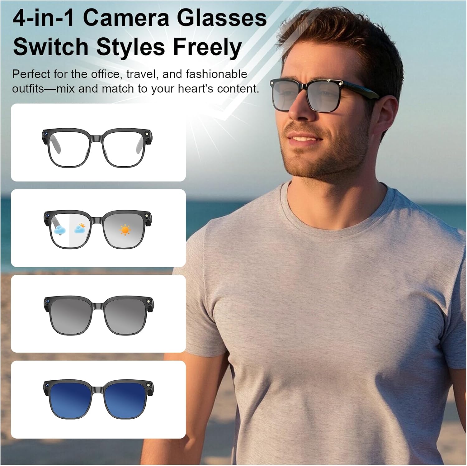 AI Smart Glasses with Camera, 8MP HD Camera Glasses with Video Recording Dual Mic, Real-time Translation & AI Voice Assistant, Identify Objects, IP65 Waterproof, Ideal for Travel & Meetings - Image 3