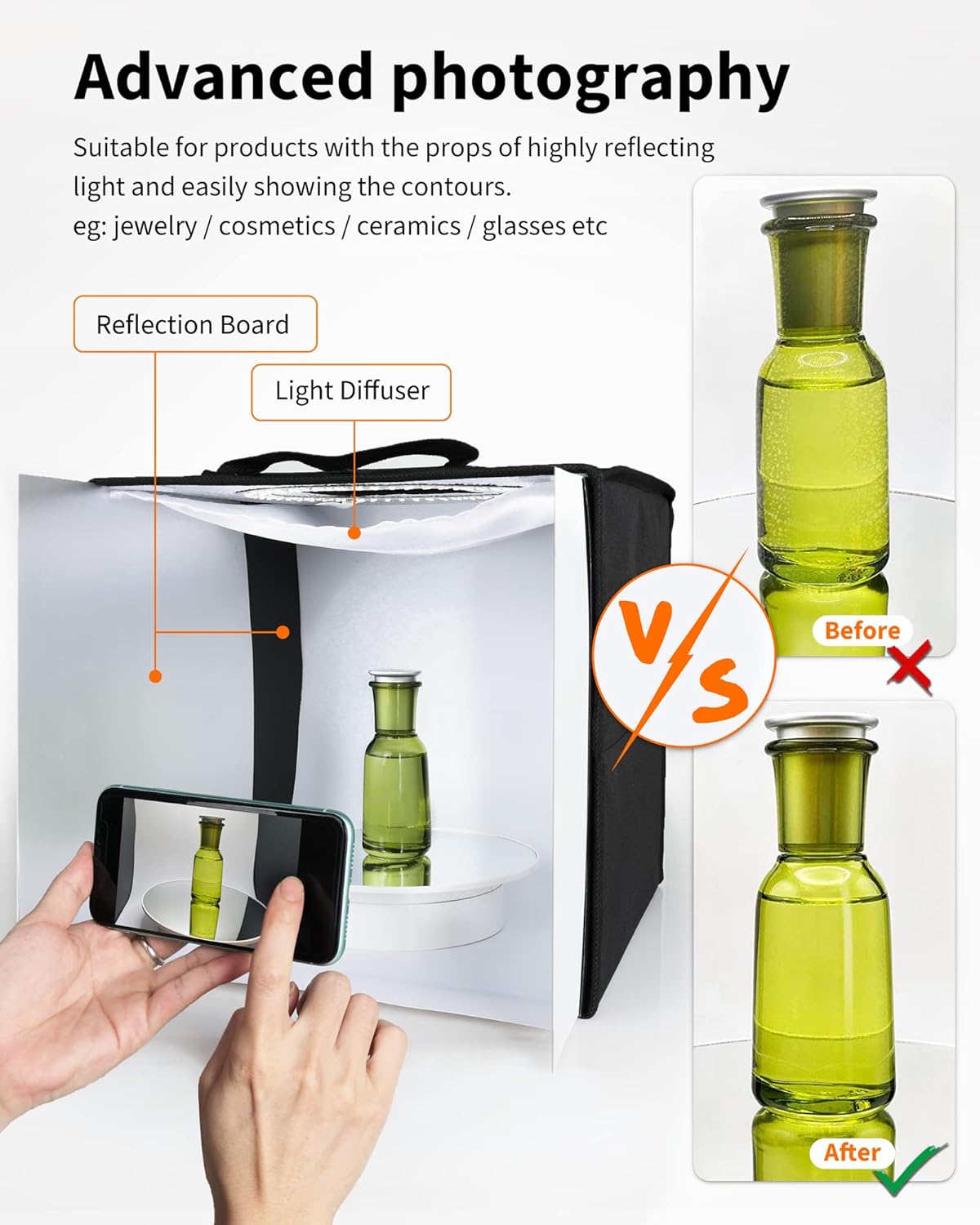 Glendan Light Box Photography, 10"x10" Photo Box with 88 High Color Rendering Index LED Lights, 6 Color PVC Backdrops, 4 Reflection Boards and 1 Diffuser for Jewelry and Small Item Product Photography - Image 5