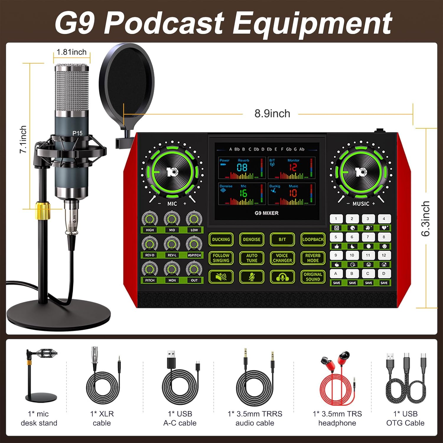 G9 Podcast Microphone Bundle with Live Sound Card Audio Mixer, Podcast Equipment Bundle Sound Board with 3.5mm Condenser Microphone for Pc/Phone Live Streaming Singing Gaming,Voice Changer, Denoise - Image 2