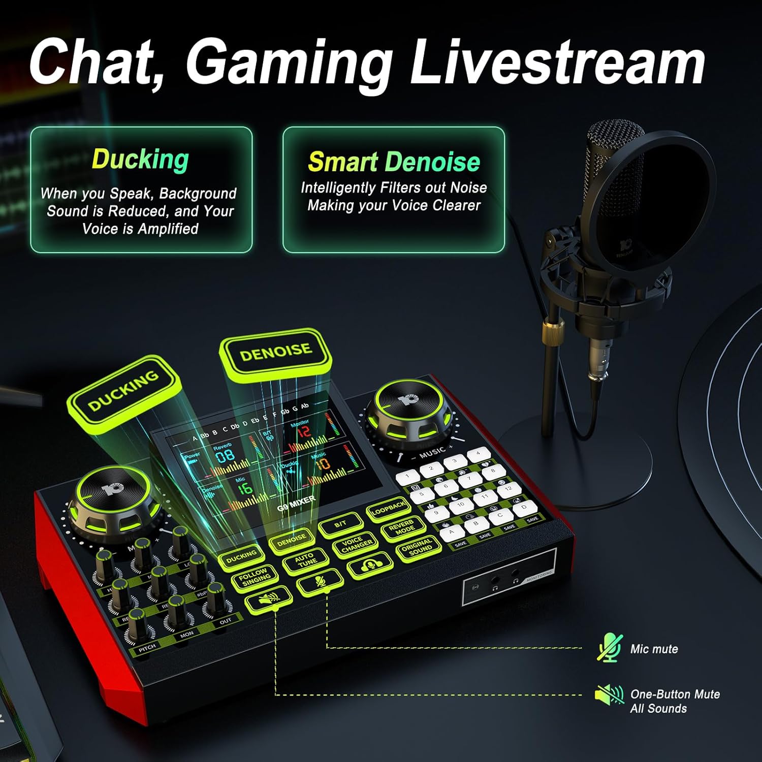 G9 Podcast Microphone Bundle with Live Sound Card Audio Mixer, Podcast Equipment Bundle Sound Board with 3.5mm Condenser Microphone for Pc/Phone Live Streaming Singing Gaming,Voice Changer, Denoise - Image 5